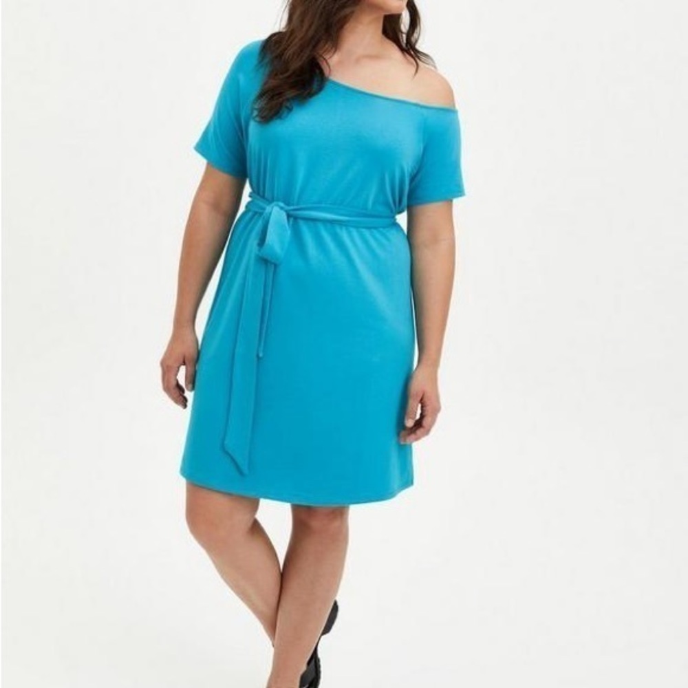 Women’s torrid 2 Turquoise Mini French Terry Off Shoulder Tie Waist Shirt Dress